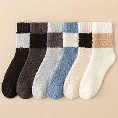 6 Pairs Colorblock Fuzzy Socks - Warm Mid Tube Stockings