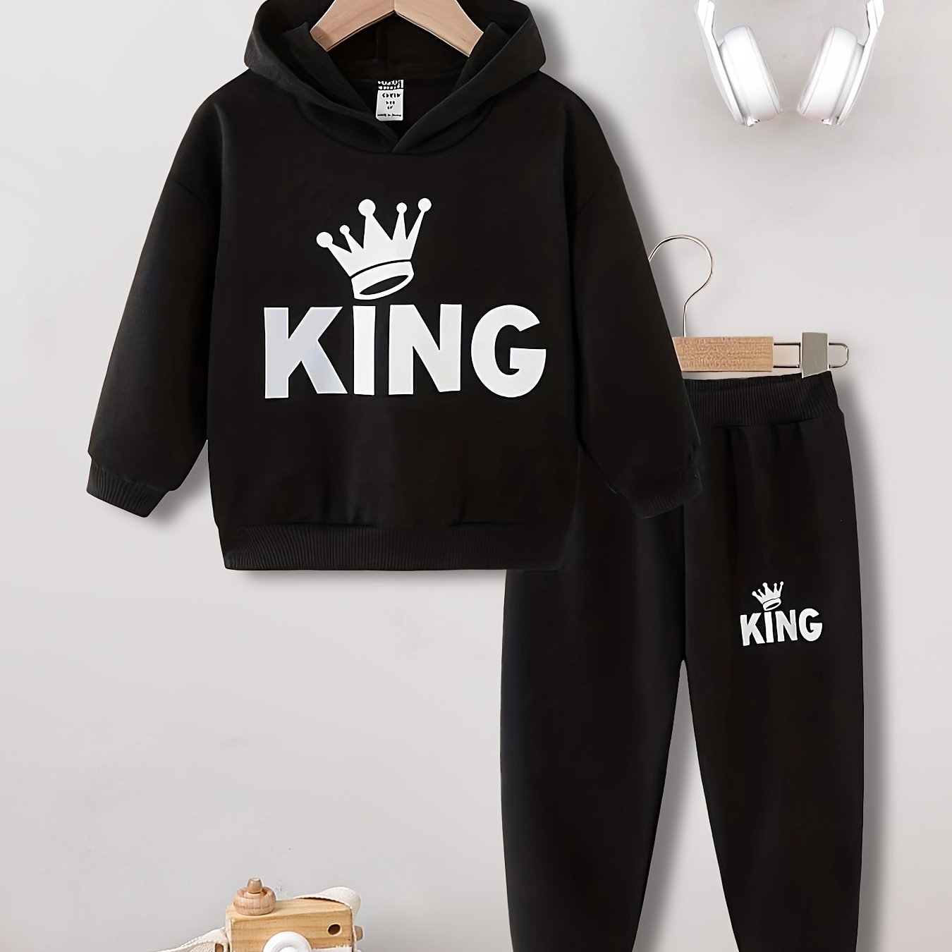Boys 2pcs KING Print Hoodie & Pants Set Casual Sports Suit