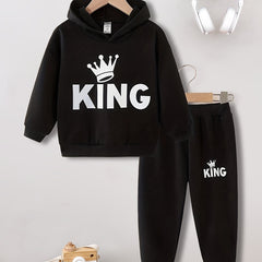 Boys 2pcs KING Print Hoodie & Pants Set Casual Sports Suit