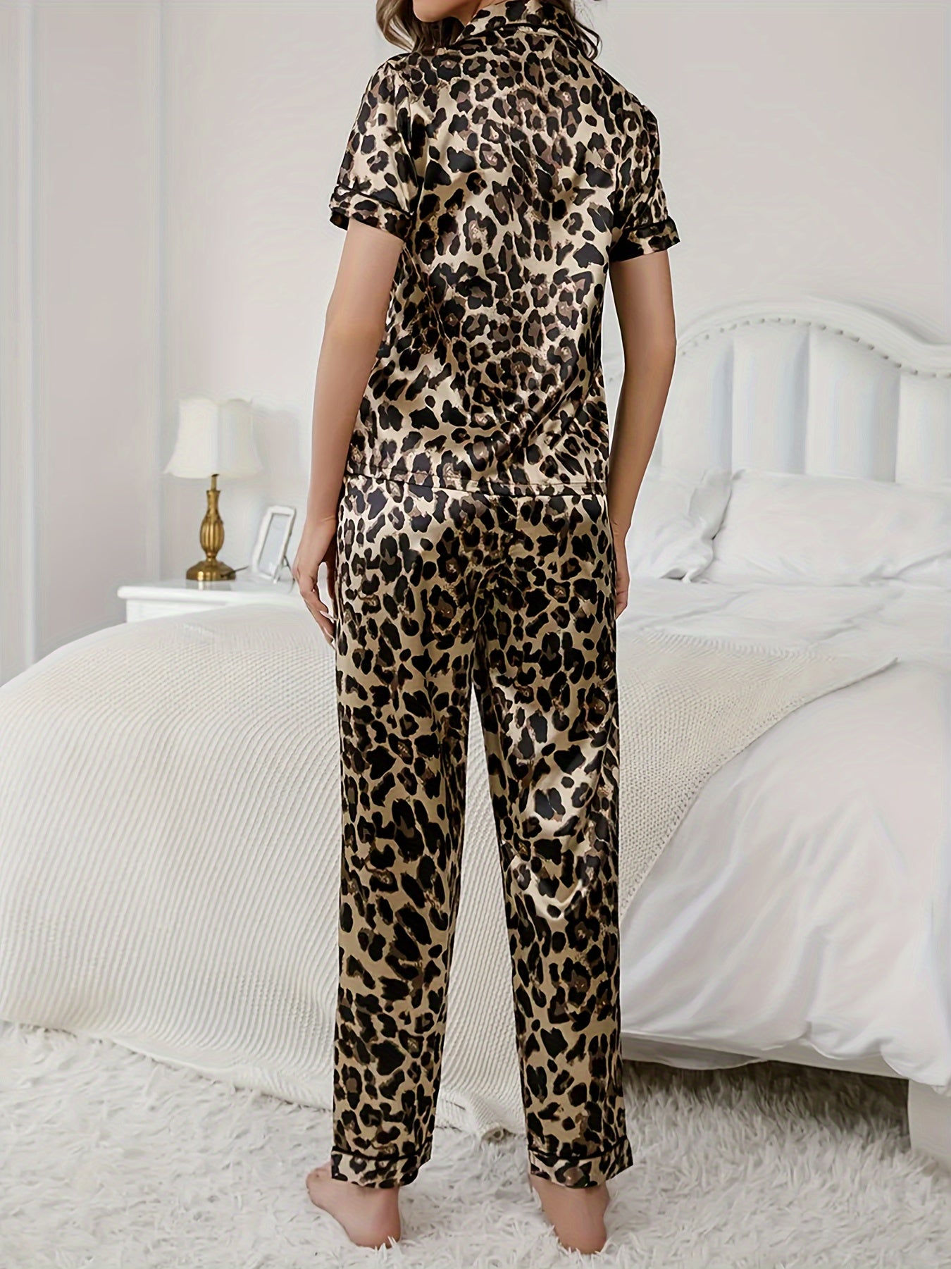 Leopard Print Pajama Set Short Sleeve Buttons Top & Elastic Waistband Pants