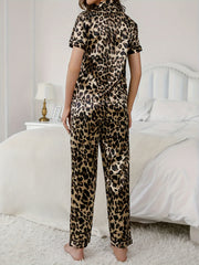 Leopard Print Pajama Set Short Sleeve Buttons Top & Elastic Waistband Pants