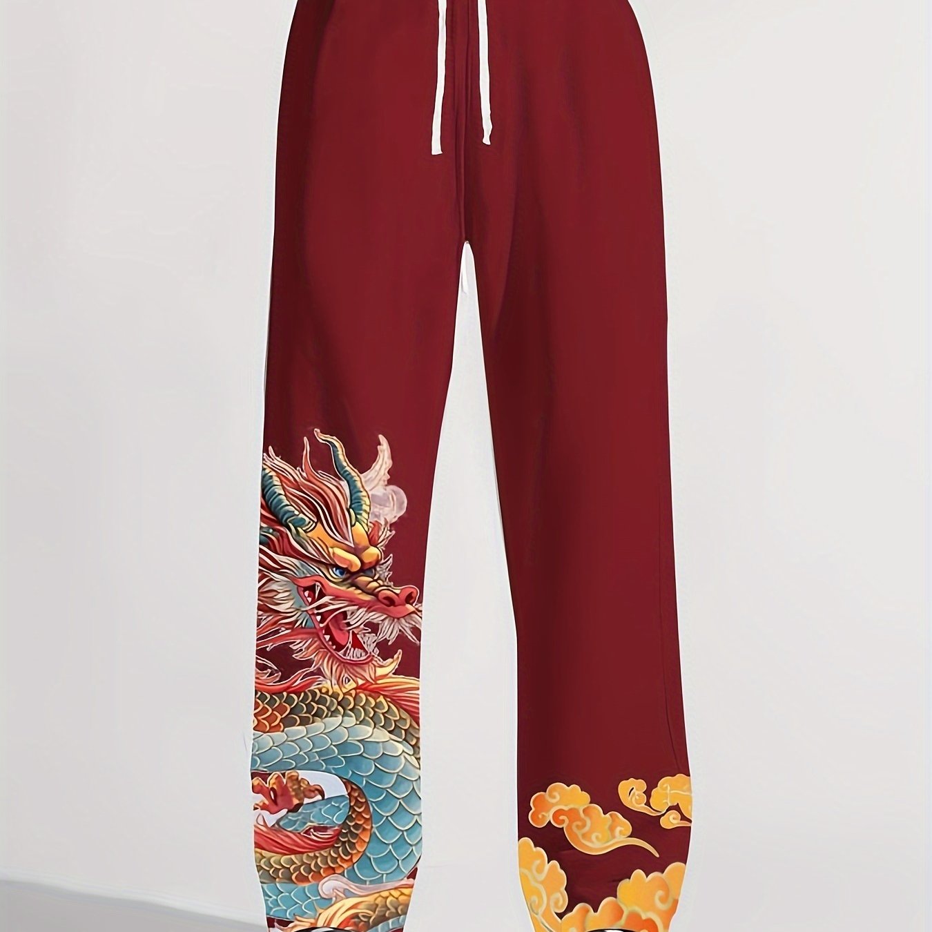 Men's Loose Dragon Pattern Pants With Pockets Drawstring Trousers