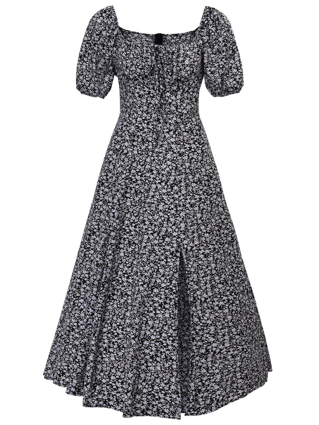 Floral Print Split Neck Puff Sleeve Dress