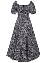 Floral Print Split Neck Puff Sleeve Dress