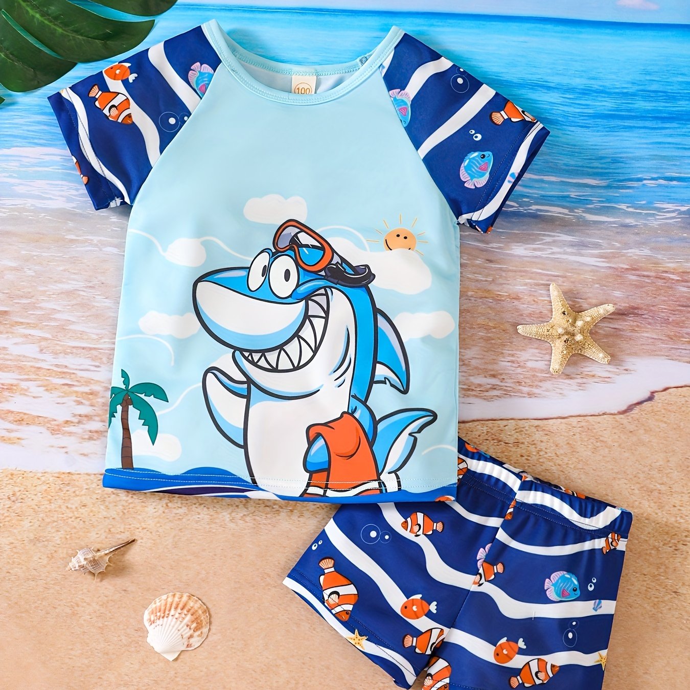 Boys Shark & Fish Swim Trunks & Tops Set for Vacation