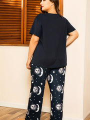 Sun & Moon Print Loungewear Set Short Sleeve T shirt & Pants