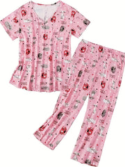 Star Print Pajama Set Short Sleeve Crew Neck Top & Pants Women's Sleepwear