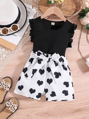 Girls Ruffle Trim Top & Heart Graphic Shorts Set