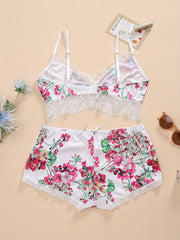 Contrast Lace Floral Print Push Up Lingerie Set Women's Plus