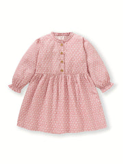 Girls Autumn Floral Print Dress Button Decor Soft Cotton Casual Kids Dress