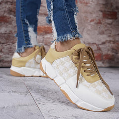 Women's Lightweight Sneakers Low Top Lace Up Knit & Faux Leather Patch Shoes
