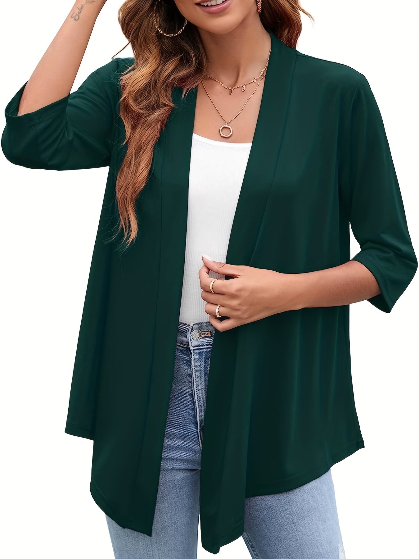 Solid Open Front Draped Cardigan 3/4 Sleeve Casual Cardigan