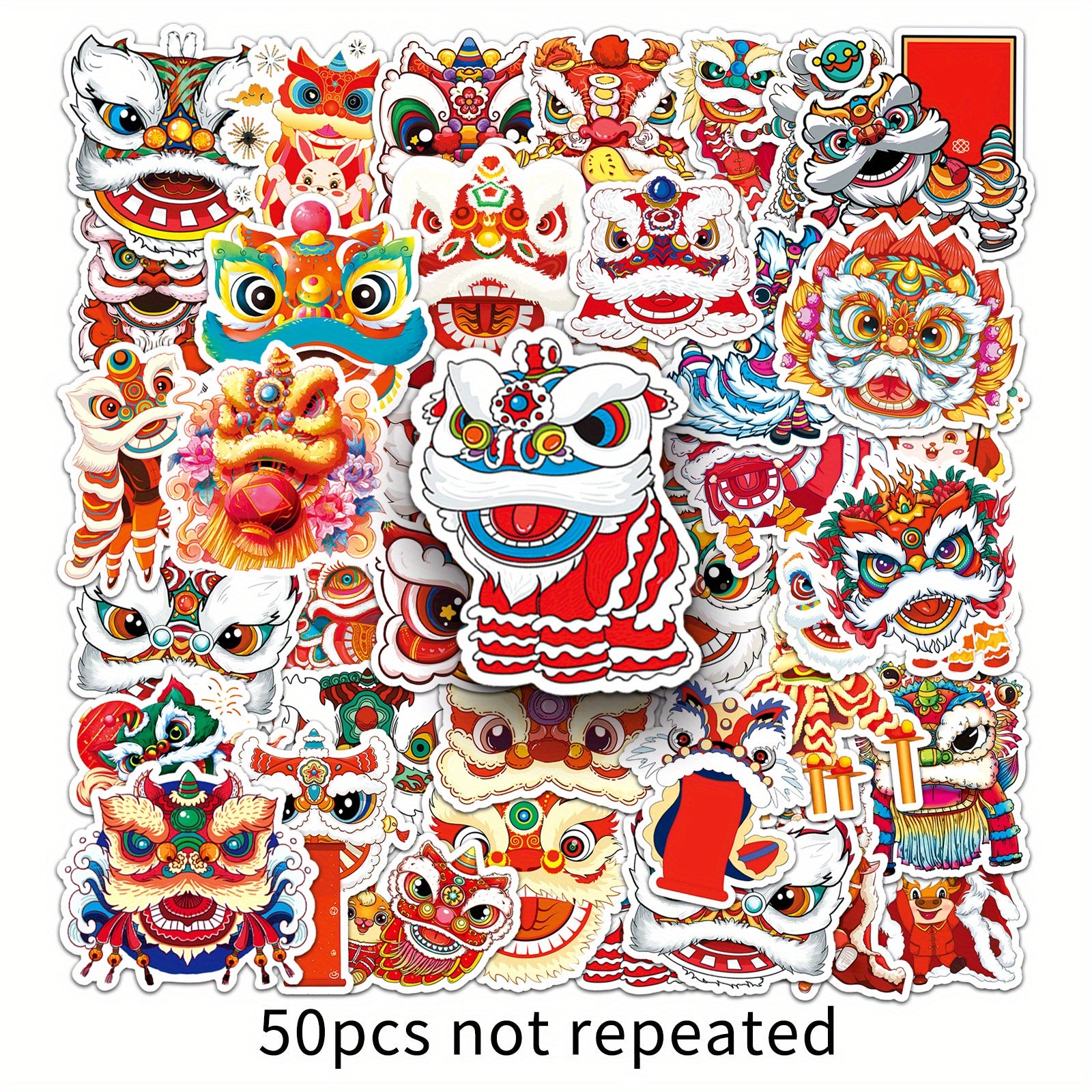 50pcs Lion Dance Cartoon Stickers Chinese Traditional Culture Luggage Decoration