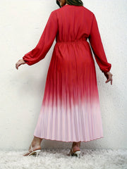 Ombre Print Long Sleeve V Neck Pleated Dress