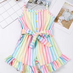 Baby Girls Colorful Striped Jumpsuit High Waist Ruffles Cami Romper