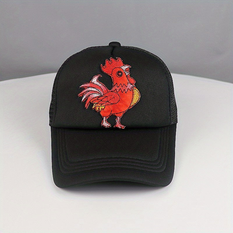 Red Cock Patch Trucker Hat Animal Pattern Mesh Baseball Cap Adjustable