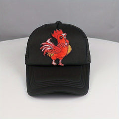 Red Cock Patch Trucker Hat Animal Pattern Mesh Baseball Cap Adjustable