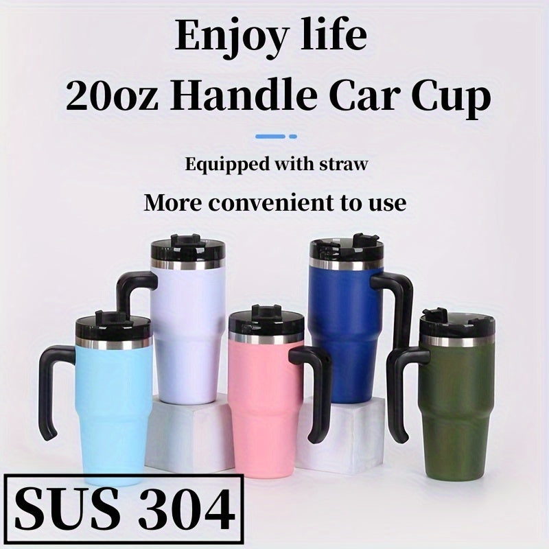 20oz Stainless Steel Insulated Car Cup with Handle Straw