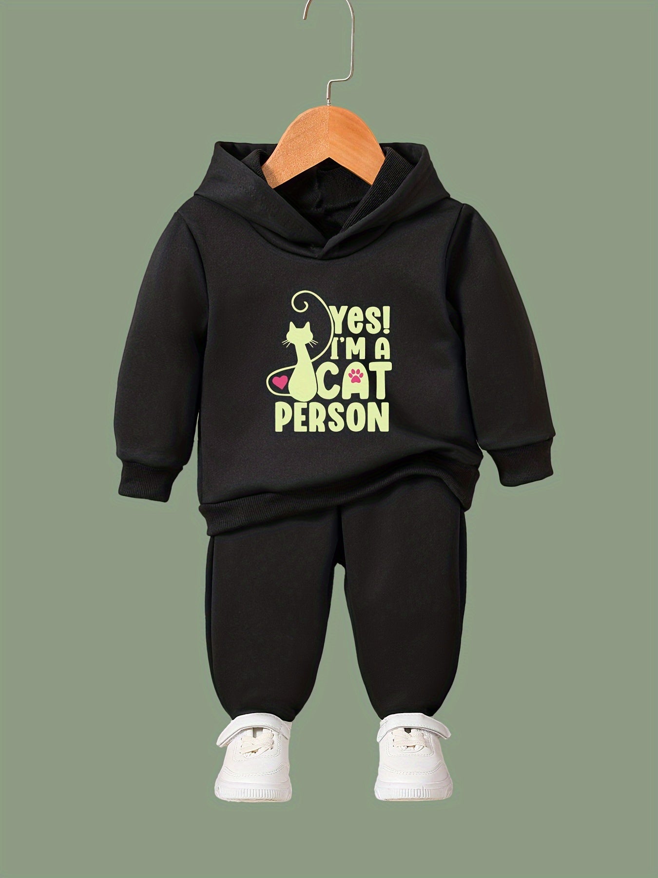 Kid's 2pcs Cat Person Print Outfit Hoodie&Pants Set Girl's Clothes