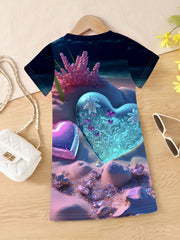 Girls 3D Heart Graphic Short Sleeve Dress Sweet Summer Clothes