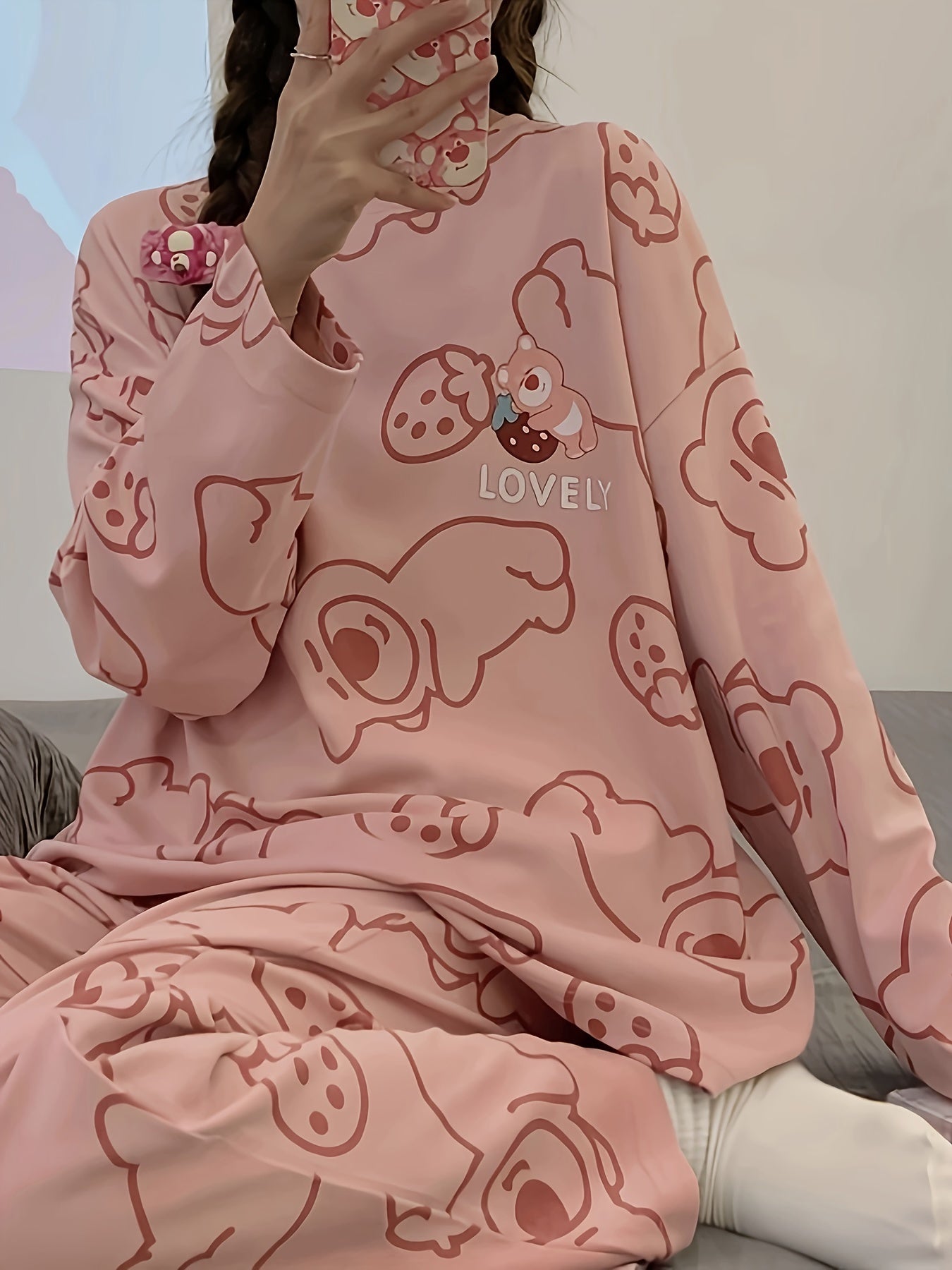 Bear Print Pajama Set Long Sleeve Crew Neck Women's Sleepwear