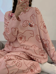 Bear Print Pajama Set Long Sleeve Crew Neck Women's Sleepwear