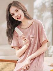 Short Sleeve NightDress Crew Neck Pajama Dress Women's Sleepwear