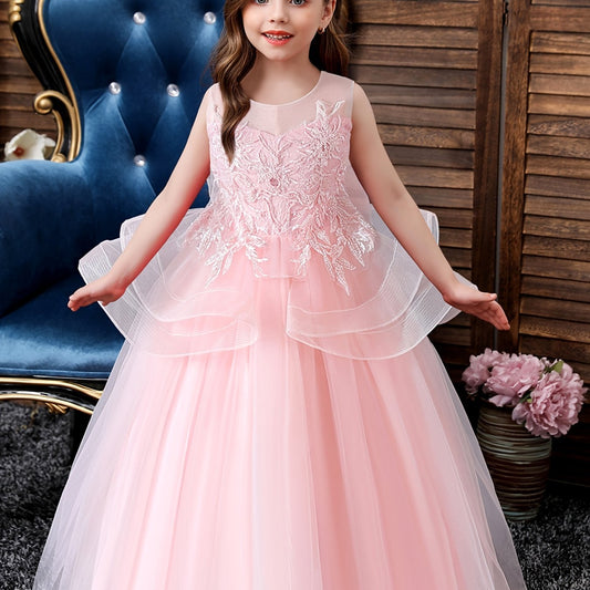 Girls Ruffled Mesh Embroidered Princess Dress Sleeveless Dress