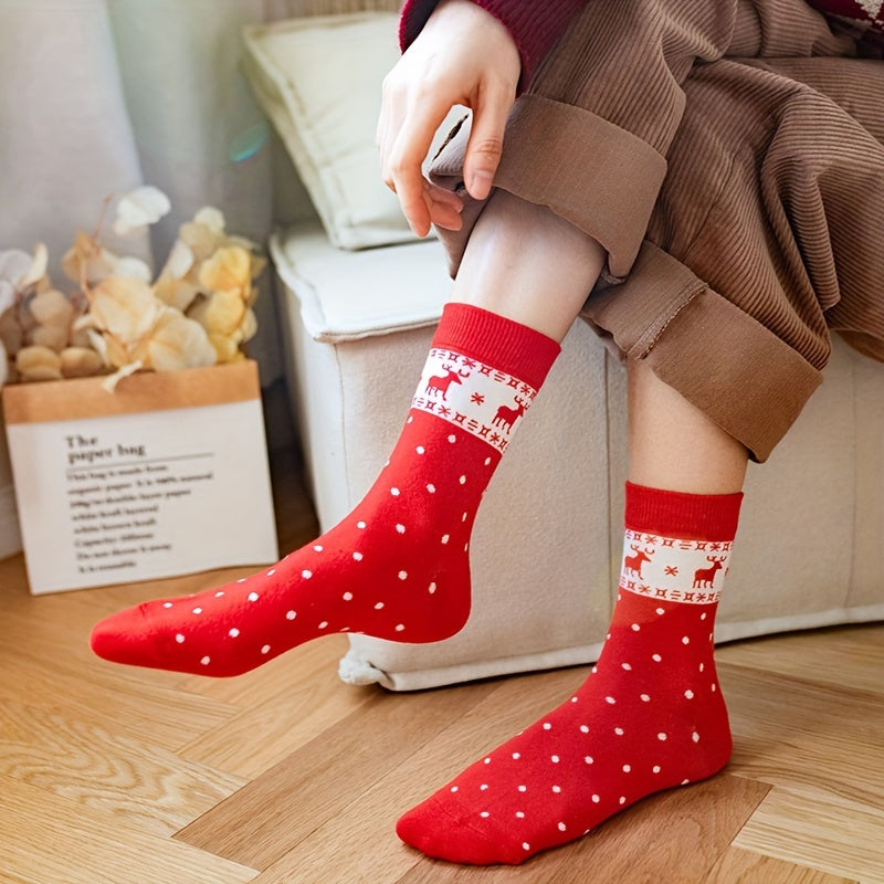 5 Pairs Polka Dot & Plaid Socks Comfy & Breathable Christmas Stockings