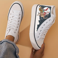 Christmas Santa Print Chunky Canvas Sneakers High Top Classic Skate Shoes