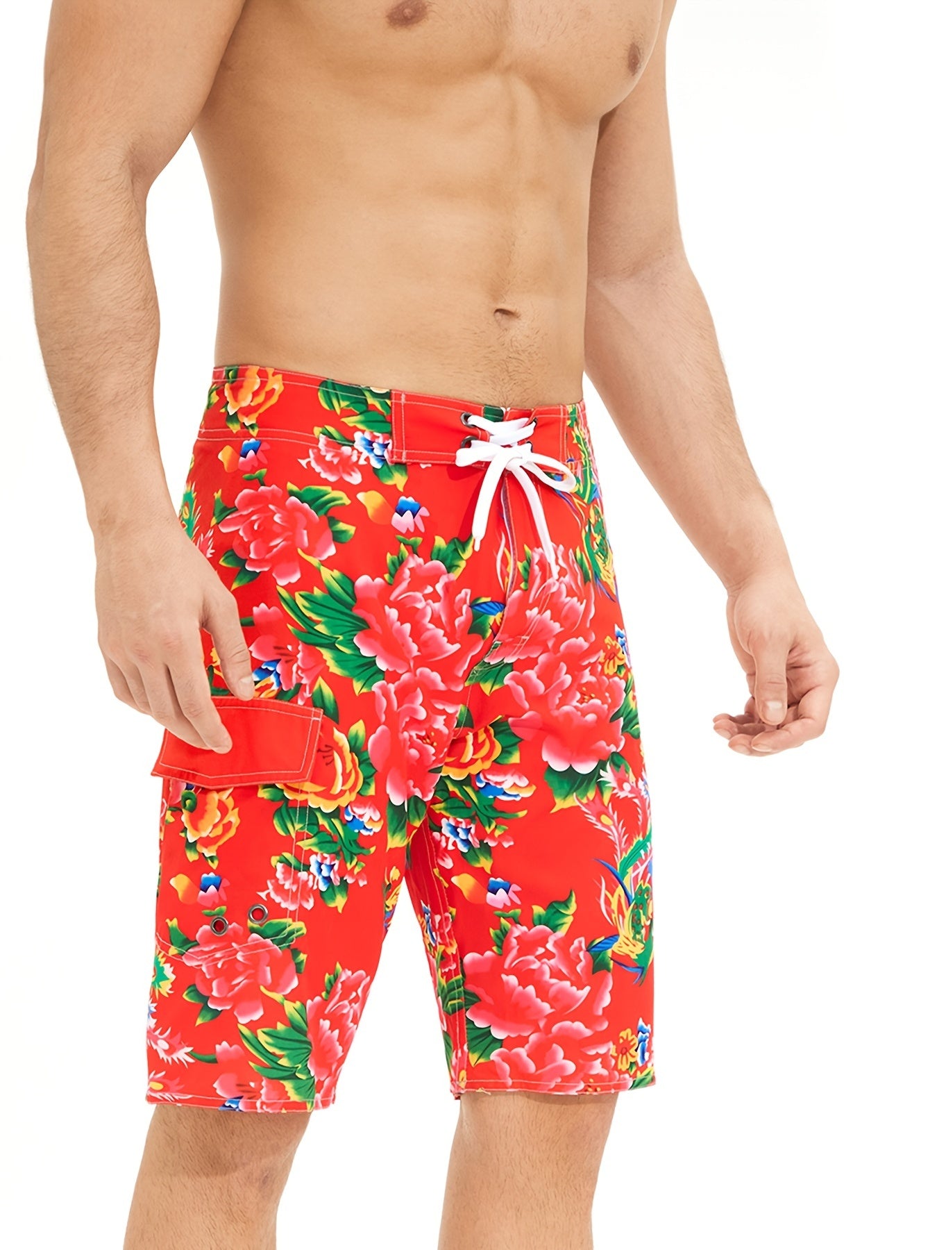 Flower Pattern Men's Swim Trunks Quick Dry Drawstring Beach Shorts