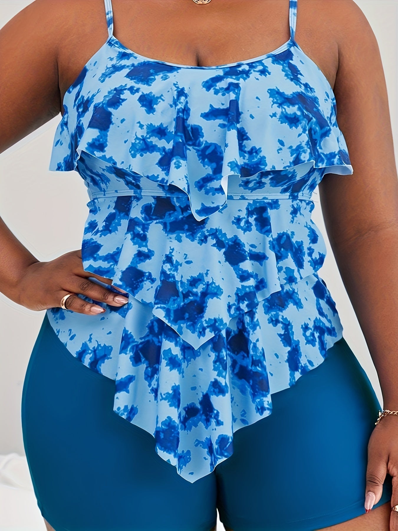 Vacay Tankini Set Tie Dye Ruffle Trim Cami Top & Shorts Swimsuit