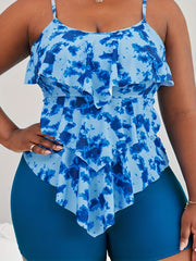 Vacay Tankini Set Tie Dye Ruffle Trim Cami Top & Shorts Swimsuit