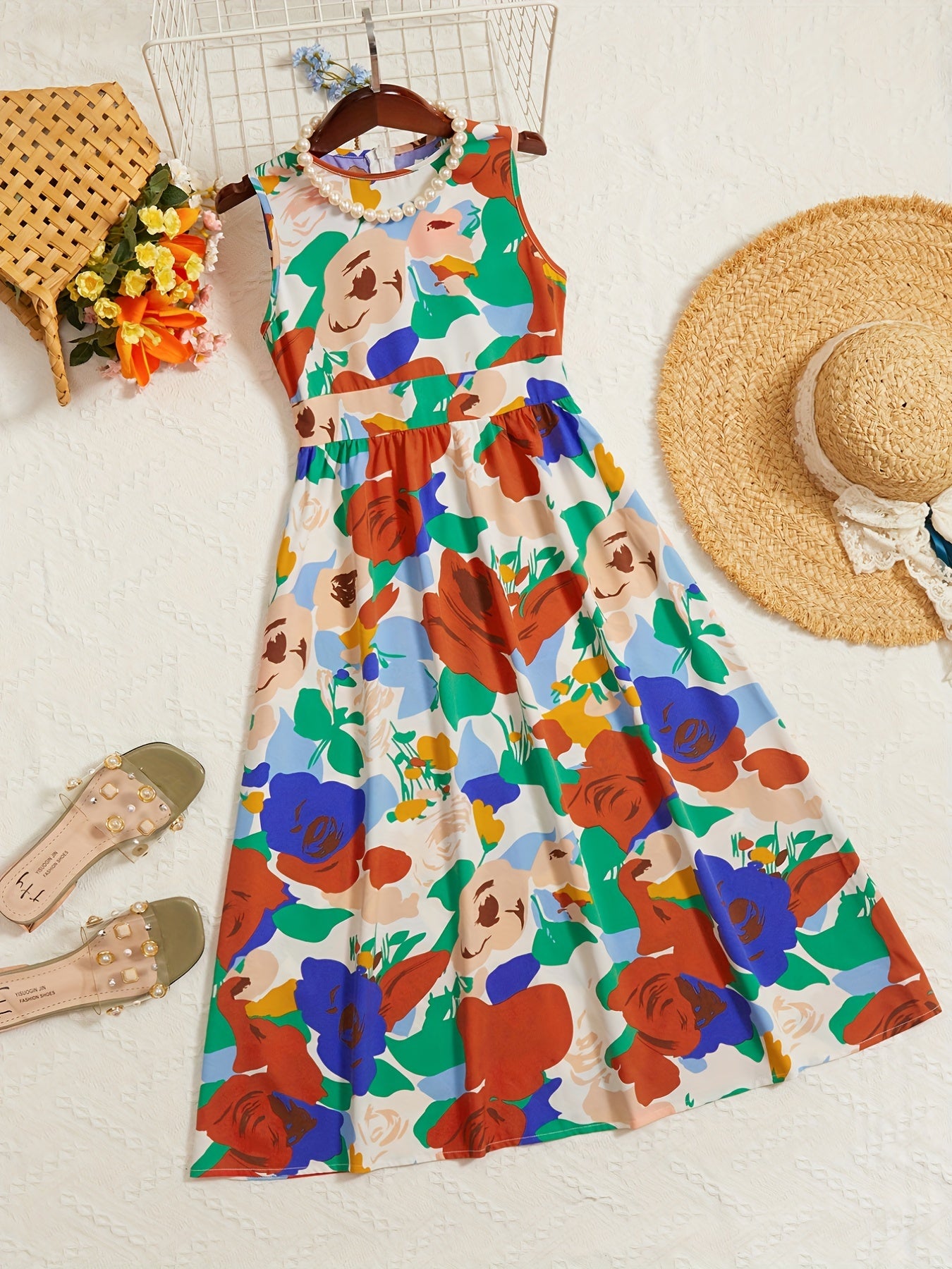 Girls' Floral Print Sleeveless Tunic Dress For Vacation