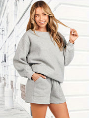 2pcs Sports Suits Crew Neck Sweatshirt & Comfort Shorts Women's Activewear