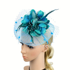 Green Mesh Flower Fascinator Hats With Veil Pillbox Hat Velvet Hair Clip