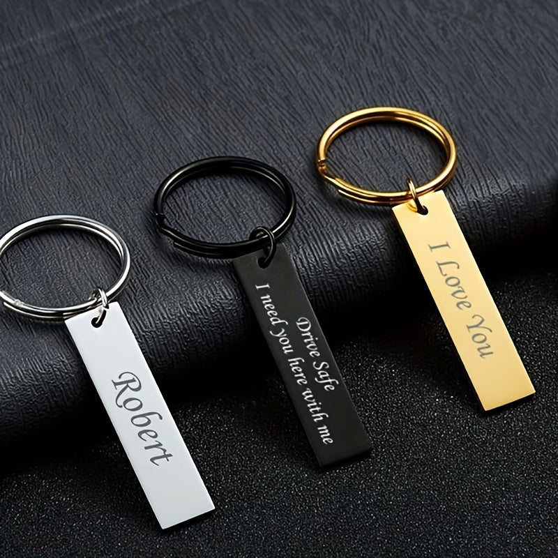 Engraved Words Name Date Steel Keychain for Men Women