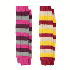 2 Pairs Striped Knitted Leg Warmers Colorblock Knee High Socks Women's Stockings
