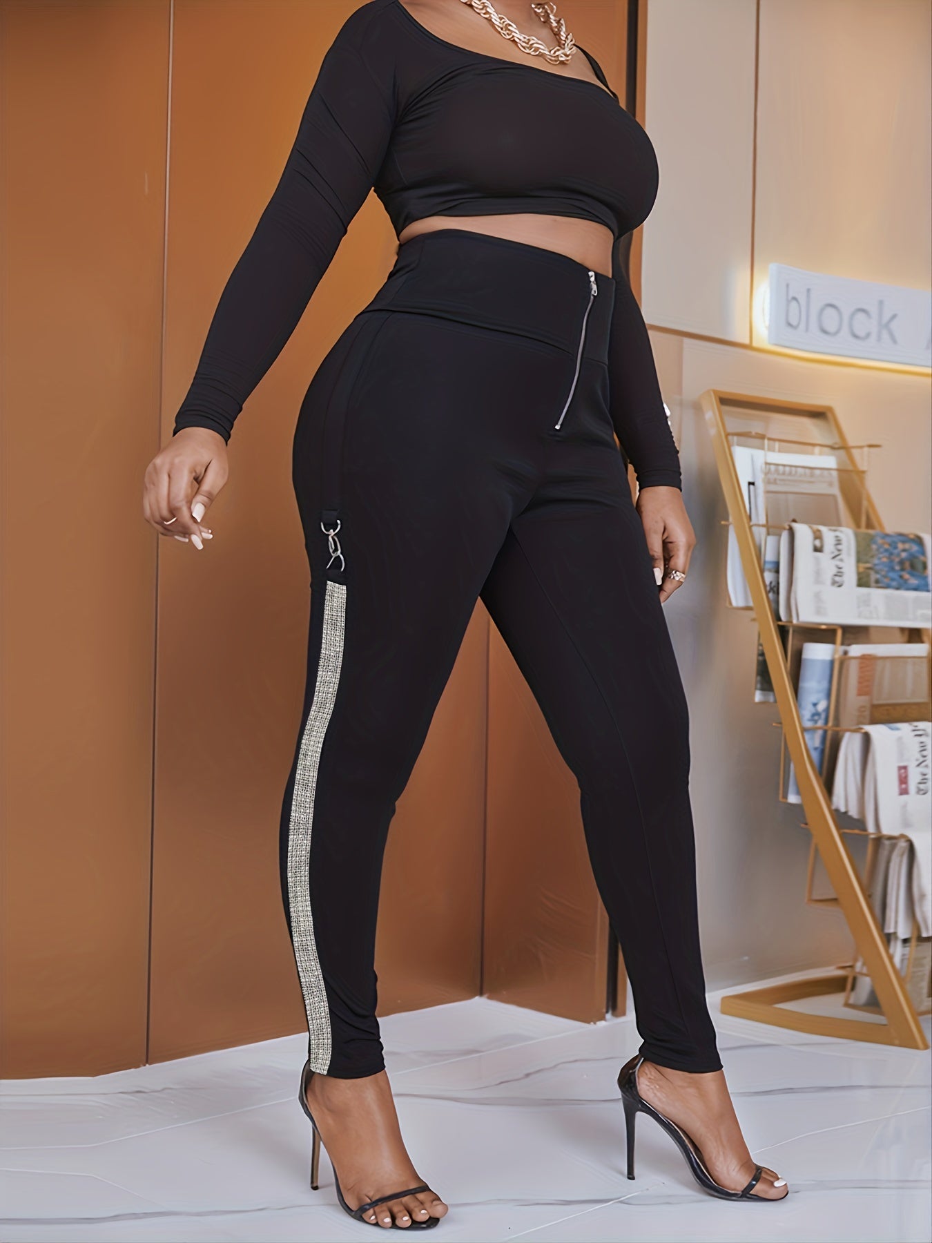 Rhinestone High Waist Skinny Pants