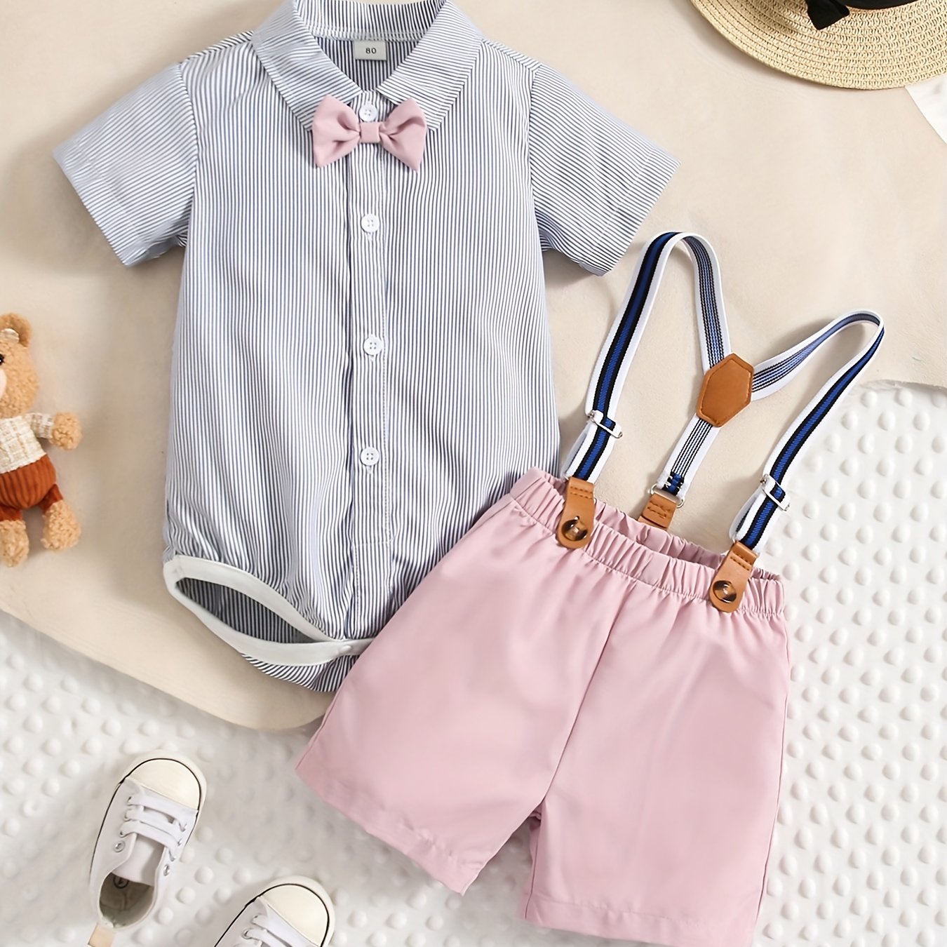 2pcs Baby Boys Gentleman Set Bowtie Shirt Onesie & Suspender Shorts