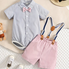 2pcs Baby Boys Gentleman Set Bowtie Shirt Onesie & Suspender Shorts