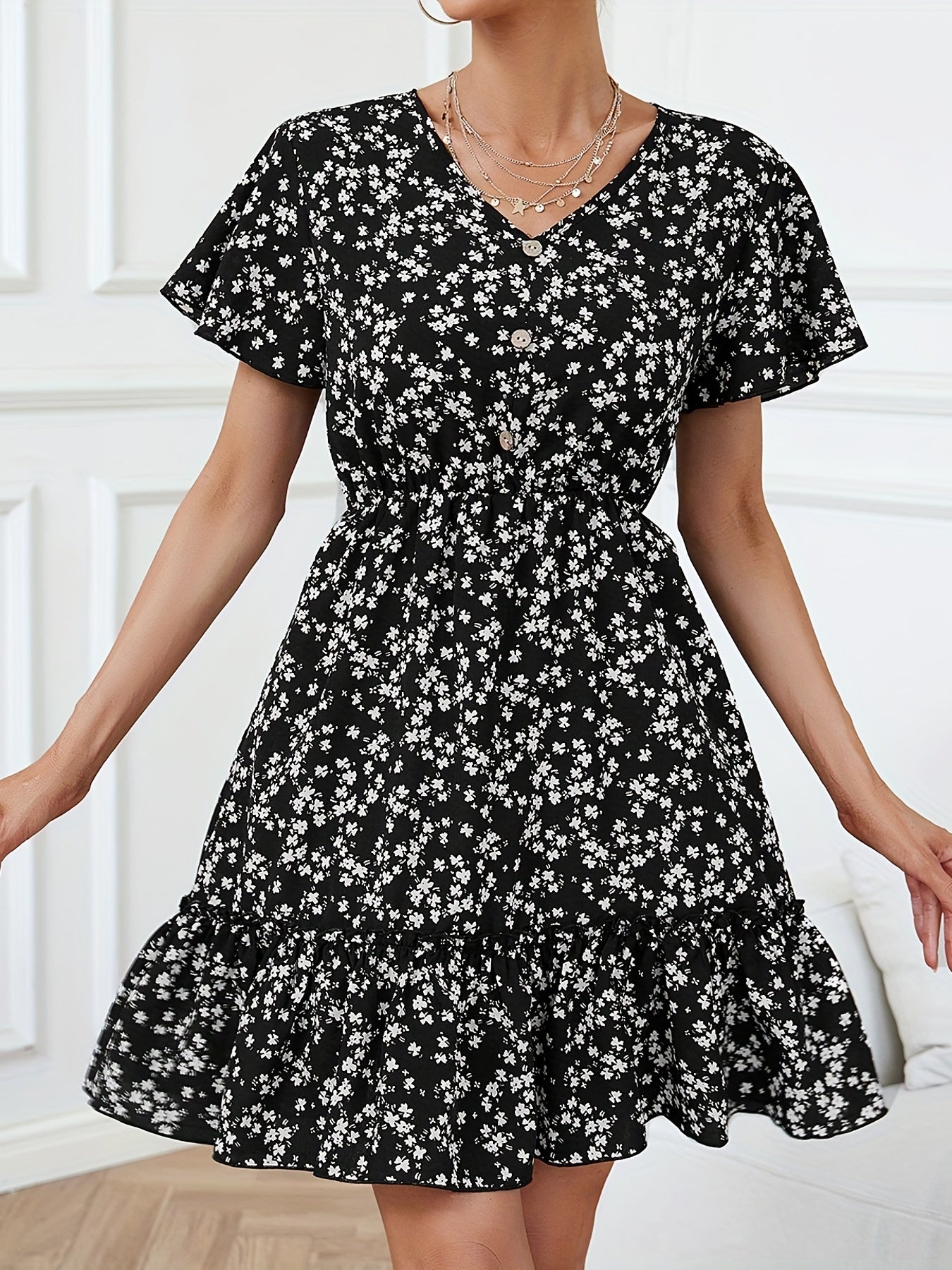 Women's High Waist Slim Ditsy Floral Vacation Mid Length Dresses
