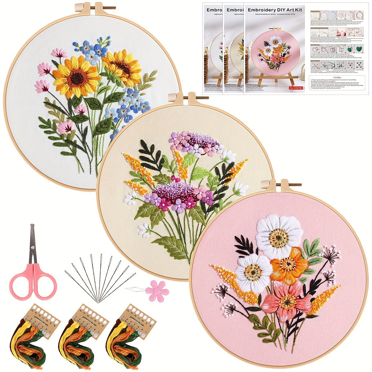 Adult Embroidery Starter Kit: Flower Patterns, Hoop, Thread, Needles