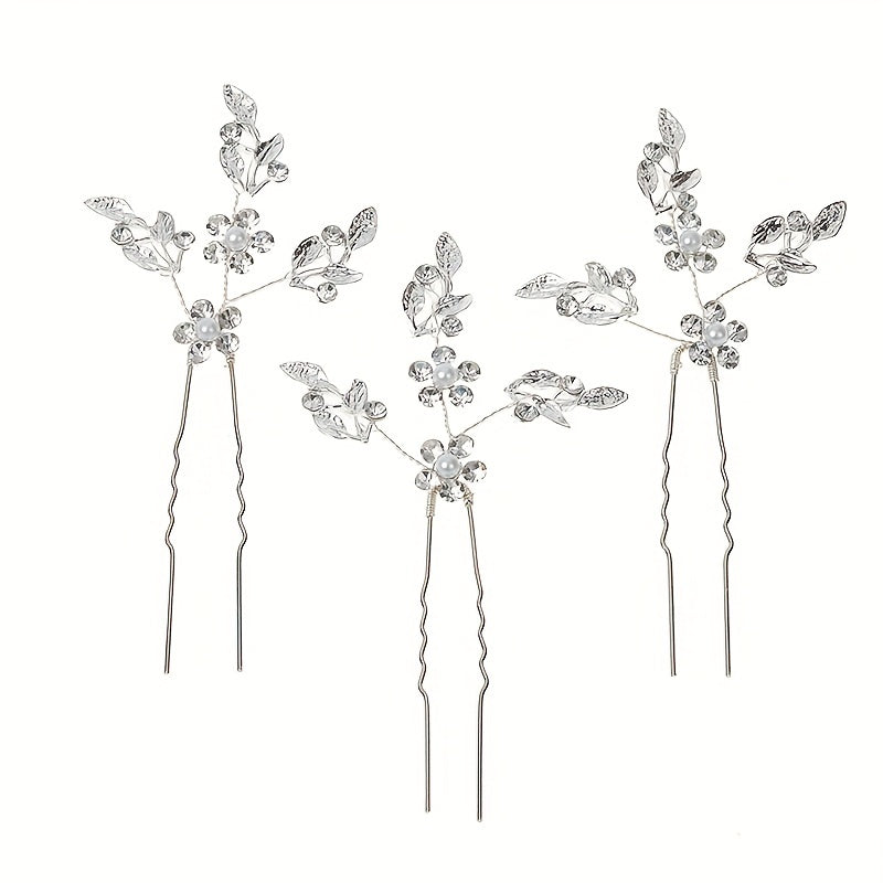 3pcs Rhinestone Leaf Hair Pin Wedding Head Jewelry