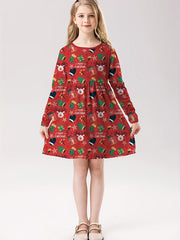Girls Reindeer Graphic Long Sleeve Dress Spring Fall Christmas Gift