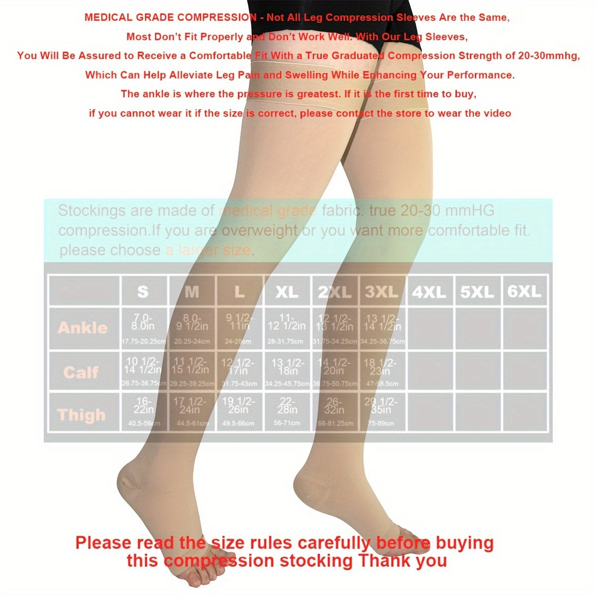 Women's Open Toe Thigh High Compression Stockings 20-30 mmHg