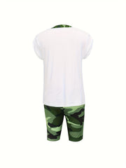 Camo Print 2pc Set: Crew Neck T-shirt & Shorts Women's Clothing