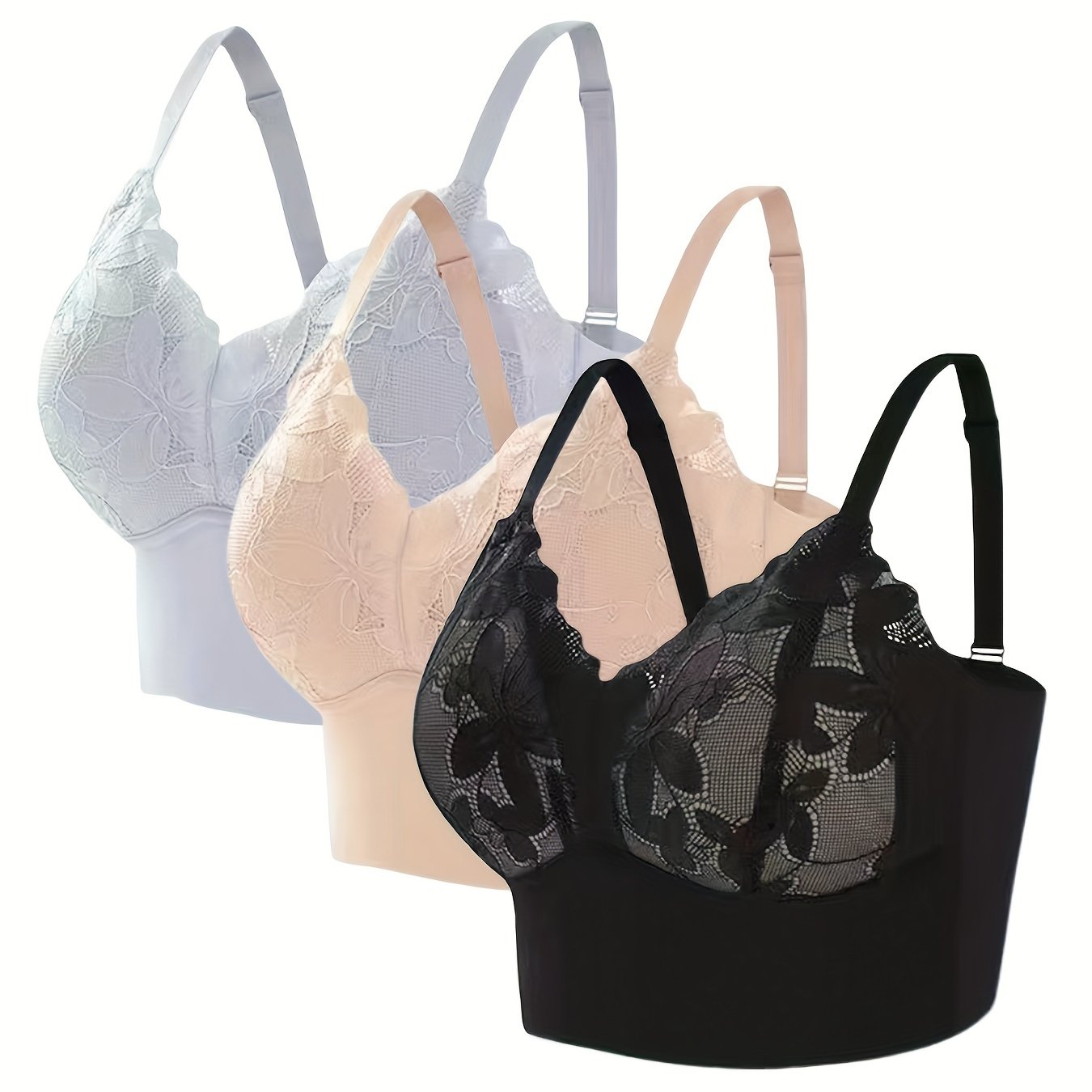 3pcs Contrast Lace Wireless Bras Comfy & Push Up Bra Women's Lingerie