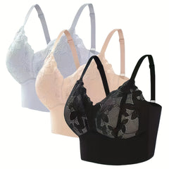 3pcs Contrast Lace Wireless Bras Comfy & Push Up Bra Women's Lingerie