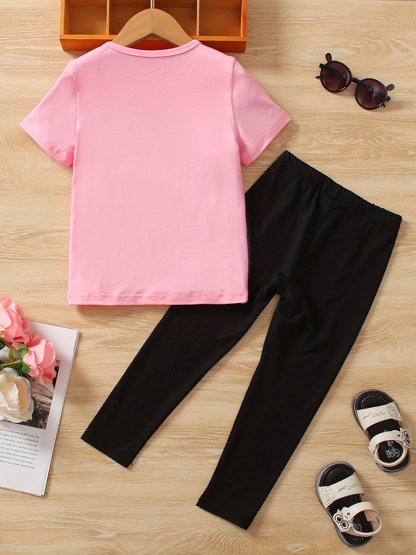 Girls Cat Print Short Sleeve Tee & Pants Set
